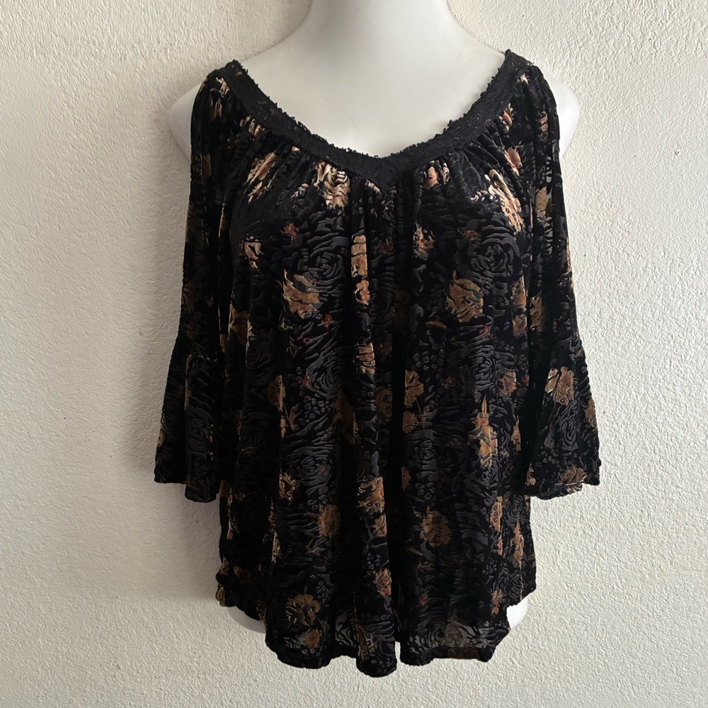 Always Indigo Black Gold Floral Velvet Cold-Shoulder Women's Top L